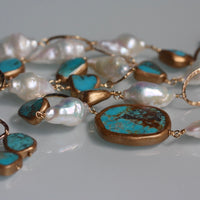 Long Necklace of Natural Turquoise, Baroque Pearls and Gold Filled Chain