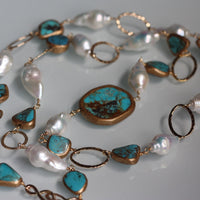 Long Necklace of Natural Turquoise, Baroque Pearls and Gold Filled Chain