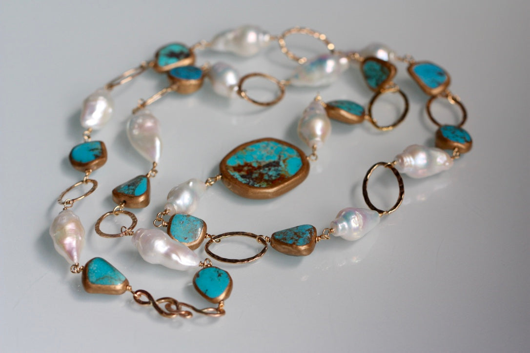 Long Necklace of Natural Turquoise, Baroque Pearls and Gold Filled Chain