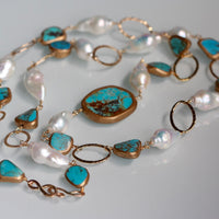 Long Necklace of Natural Turquoise, Baroque Pearls and Gold Filled Chain
