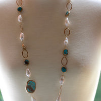Long Necklace of Natural Turquoise, Baroque Pearls and Gold Filled Chain
