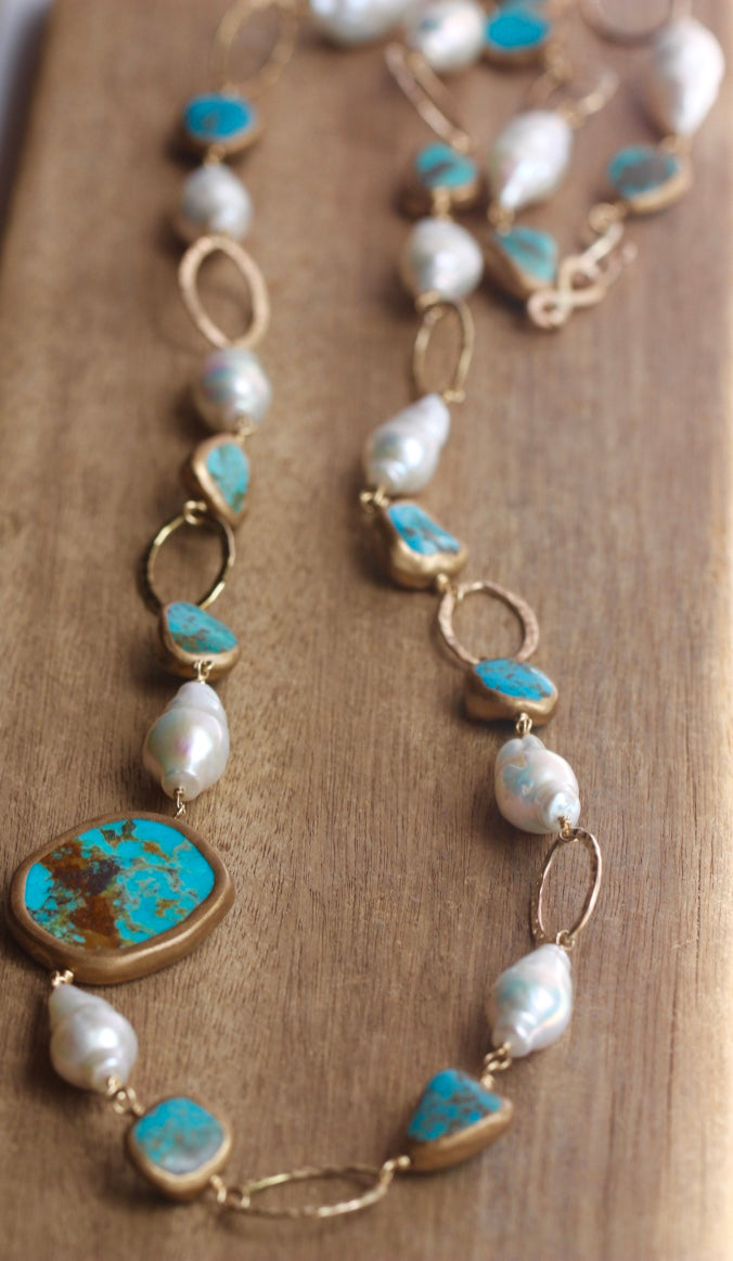 Long Necklace of Natural Turquoise, Baroque Pearls and Gold Filled Chain