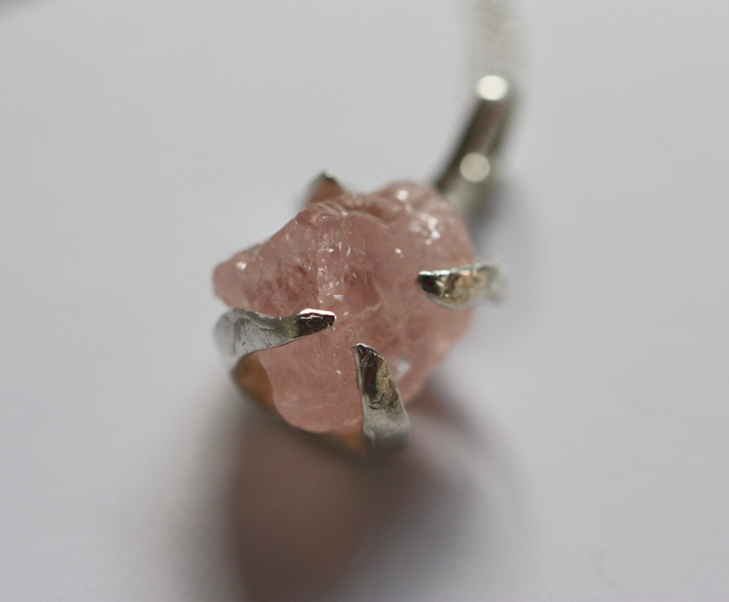 Sterling Silver Necklace with a Raw Peachy Pink Morganite Pendant