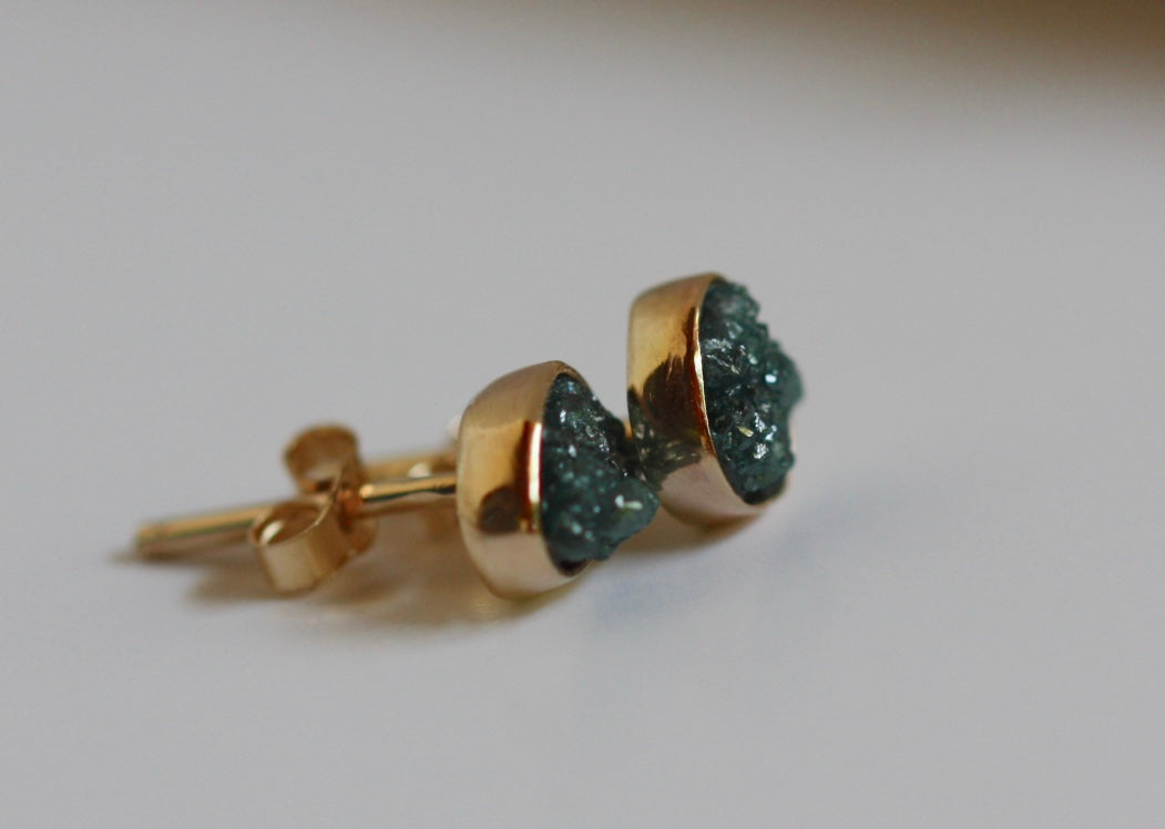 Solid 14k Gold Stud Earrings with Rough Uncut Teal Blue Diamonds