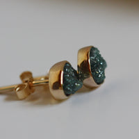 Solid 14k Gold Stud Earrings with Rough Uncut Teal Blue Diamonds