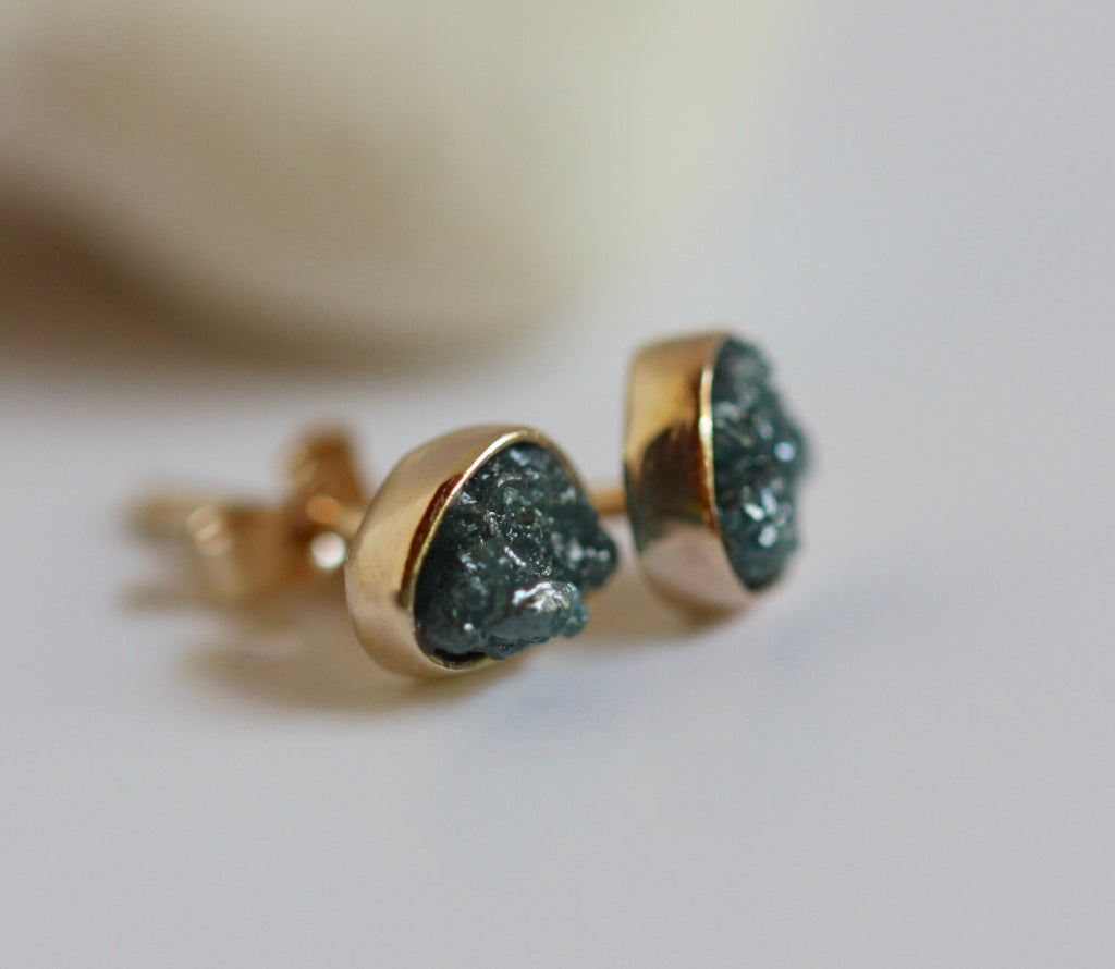 Solid 14k Gold Stud Earrings with Rough Uncut Teal Blue Diamonds