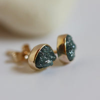 Solid 14k Gold Stud Earrings with Rough Uncut Teal Blue Diamonds