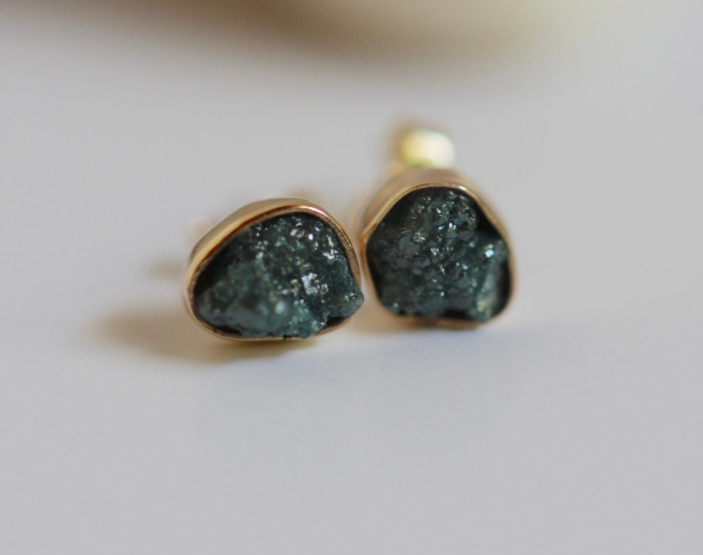 Solid 14k Gold Stud Earrings with Rough Uncut Teal Blue Diamonds