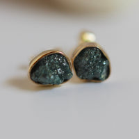 Solid 14k Gold Stud Earrings with Rough Uncut Teal Blue Diamonds