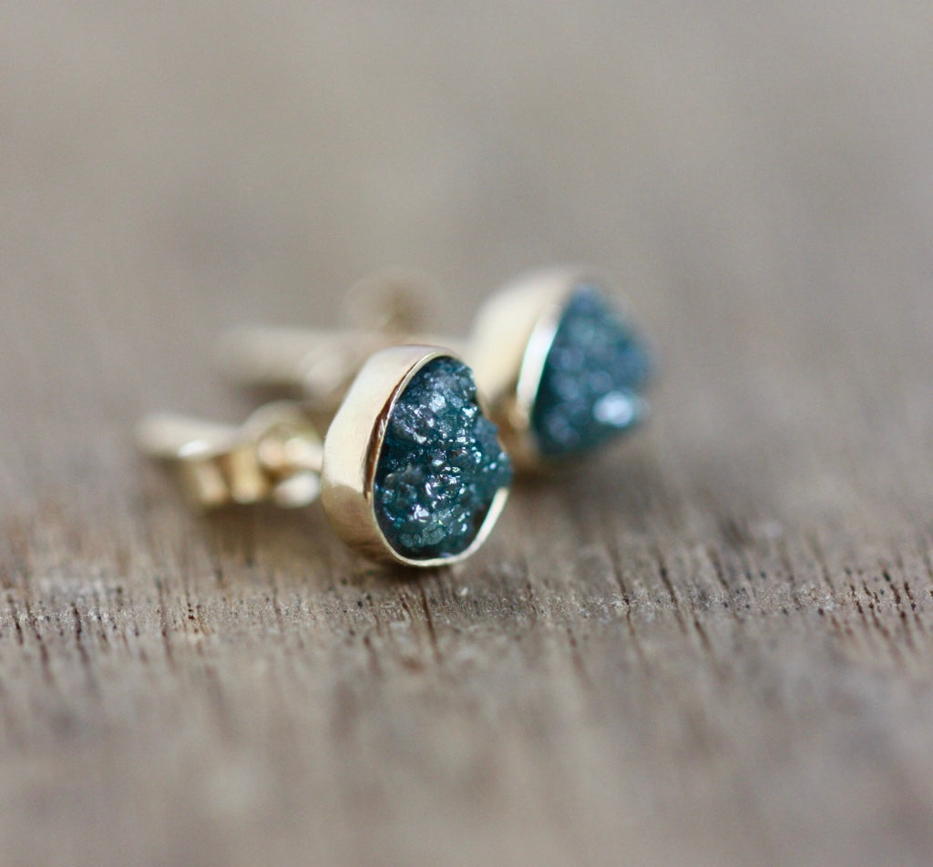 Solid 14k Gold Stud Earrings with Rough Uncut Teal Blue Diamonds