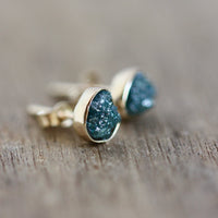 Solid 14k Gold Stud Earrings with Rough Uncut Teal Blue Diamonds