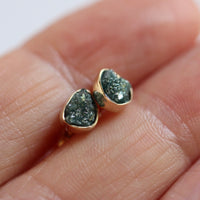 Solid 14k Gold Stud Earrings with Rough Uncut Teal Blue Diamonds