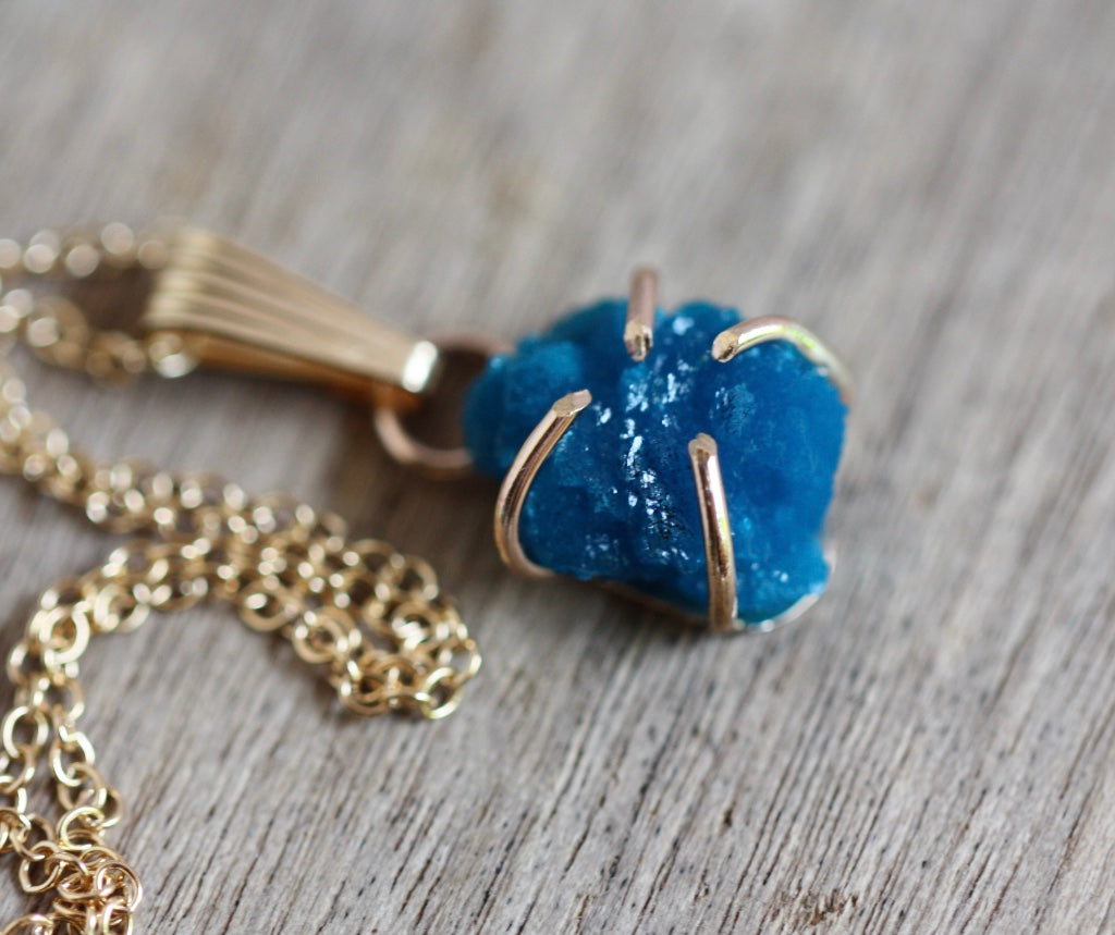 14k Gold Filled Chain Necklace with a Natural Blue Cavansite Crystal Pendant