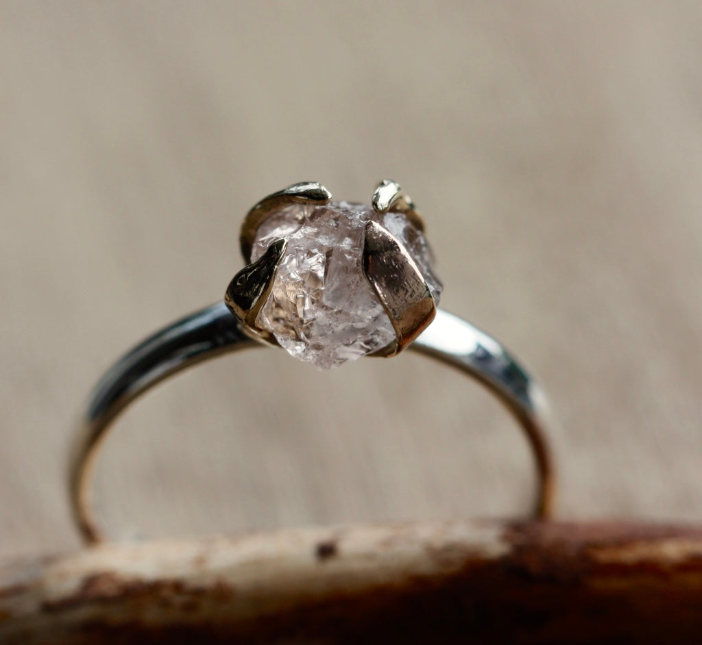 Rough Peachy Pink Morganite Ring, 9k Solid Gold and Sterling Silver