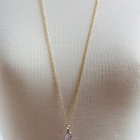 Raw, Unpolished Lilac Pink Kunzite and 9k Solid Gold Pendant on 14k Gold Filled Chain