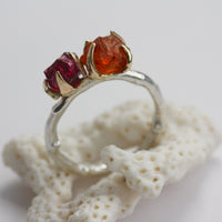 Rhodolite Garnet and Mandarin Spessartite Garnet Twig Ring, Rough Uncut Gemstones, 9k Gold and Sterling Silver