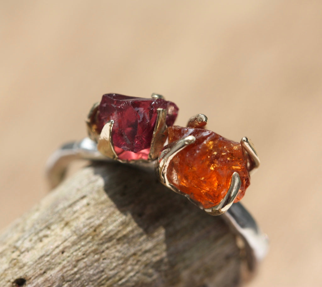 Rhodolite Garnet and Mandarin Spessartite Garnet Twig Ring, Rough Uncut Gemstones, 9k Gold and Sterling Silver