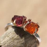 Rhodolite Garnet and Mandarin Spessartite Garnet Twig Ring, Rough Uncut Gemstones, 9k Gold and Sterling Silver