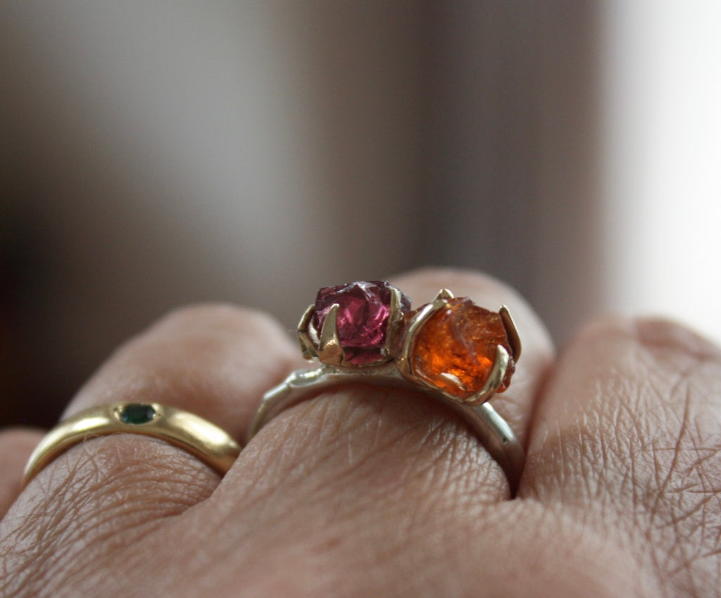 Rhodolite Garnet and Mandarin Spessartite Garnet Twig Ring, Rough Uncut Gemstones, 9k Gold and Sterling Silver