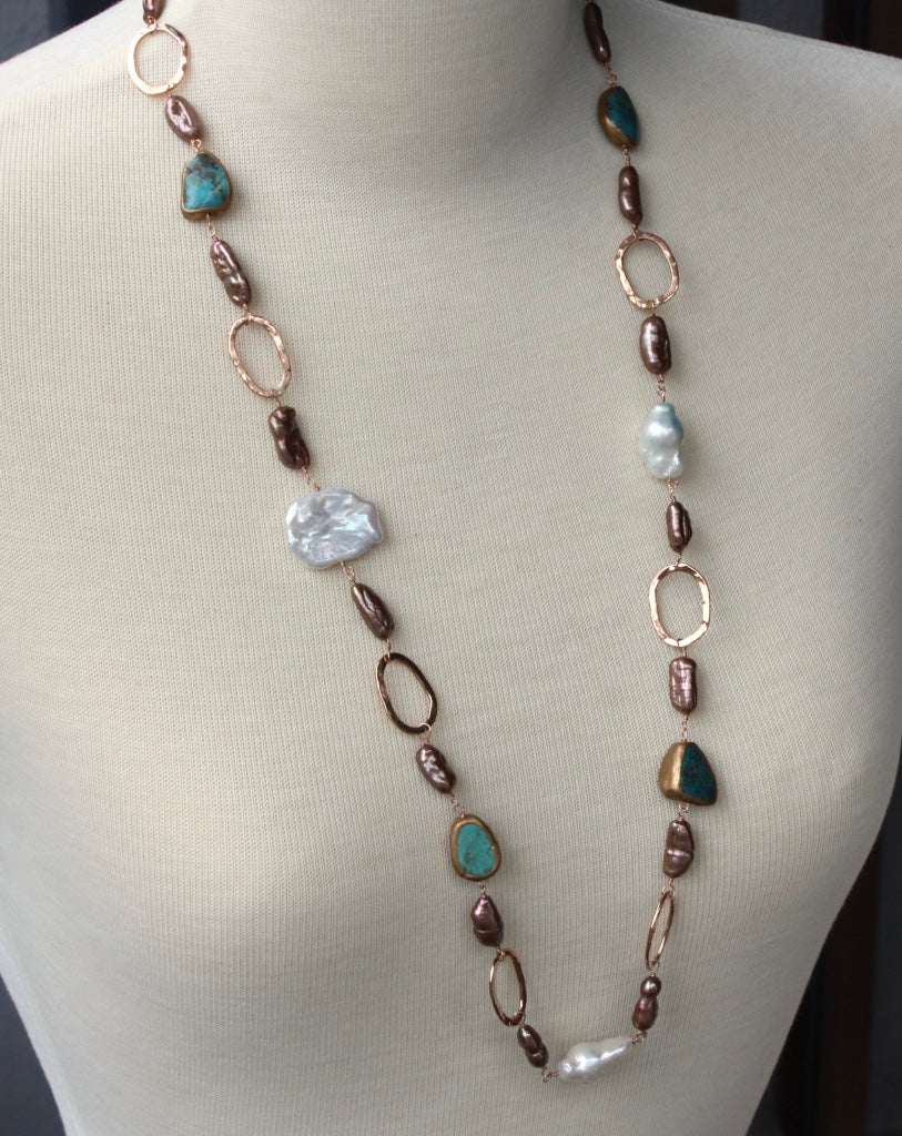 Long 14k Rose Gold Filled Necklace with Chocolate Brown Biwa Pearls, Keshi Pearls, Baroque Pearls and Turquoise