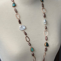 Long 14k Rose Gold Filled Necklace with Chocolate Brown Biwa Pearls, Keshi Pearls, Baroque Pearls and Turquoise