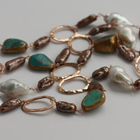 Long 14k Rose Gold Filled Necklace with Chocolate Brown Biwa Pearls, Keshi Pearls, Baroque Pearls and Turquoise