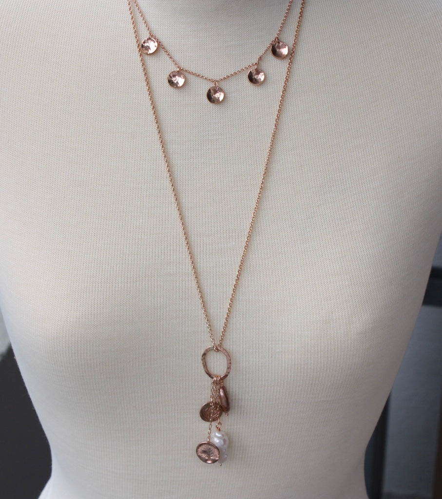 Long 14k Rose Gold Filled Chain Necklace with Charm and Pearl Tassel