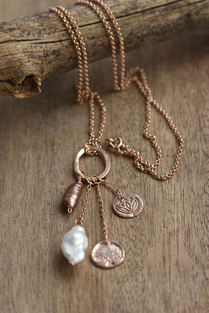 Long 14k Rose Gold Filled Chain Necklace with Charm and Pearl Tassel