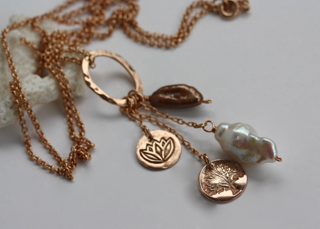 Long 14k Rose Gold Filled Chain Necklace with Charm and Pearl Tassel