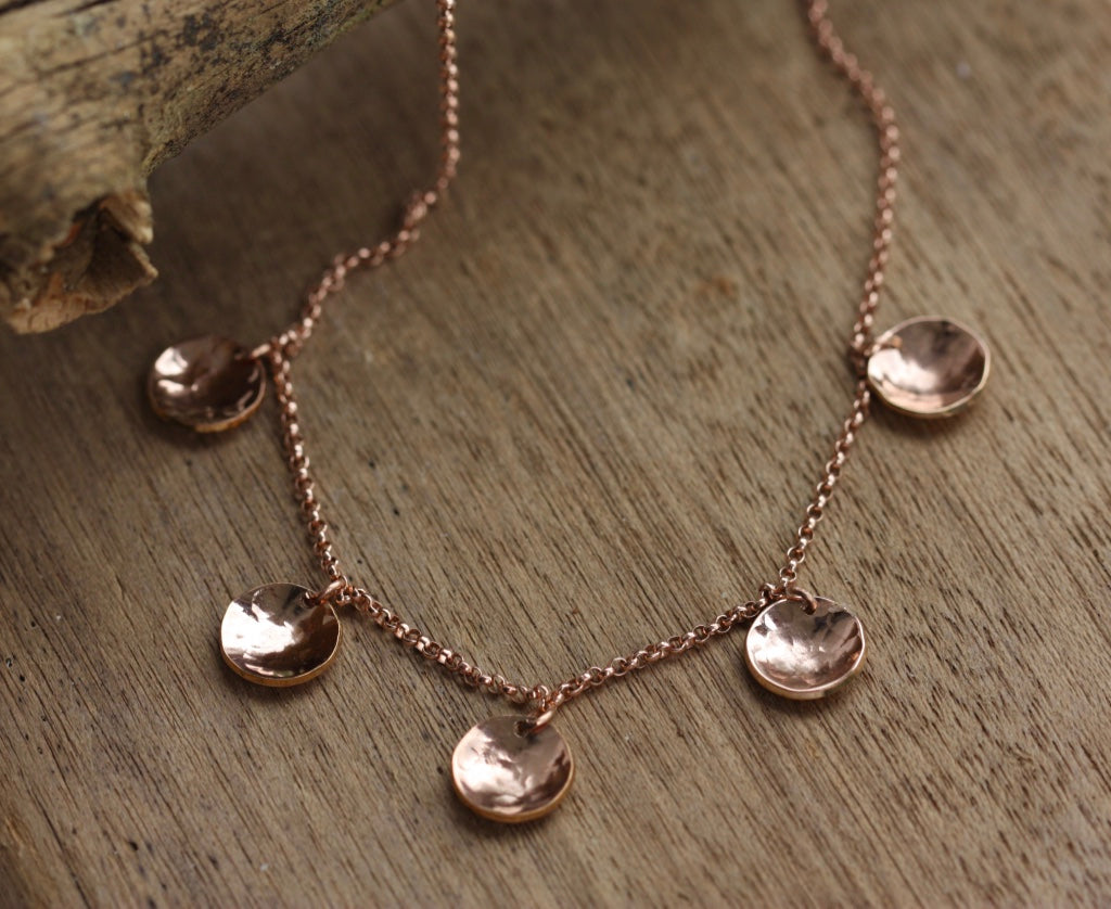 14k Rose Gold Filled Chain Necklace with Hammered Round Disc Charms