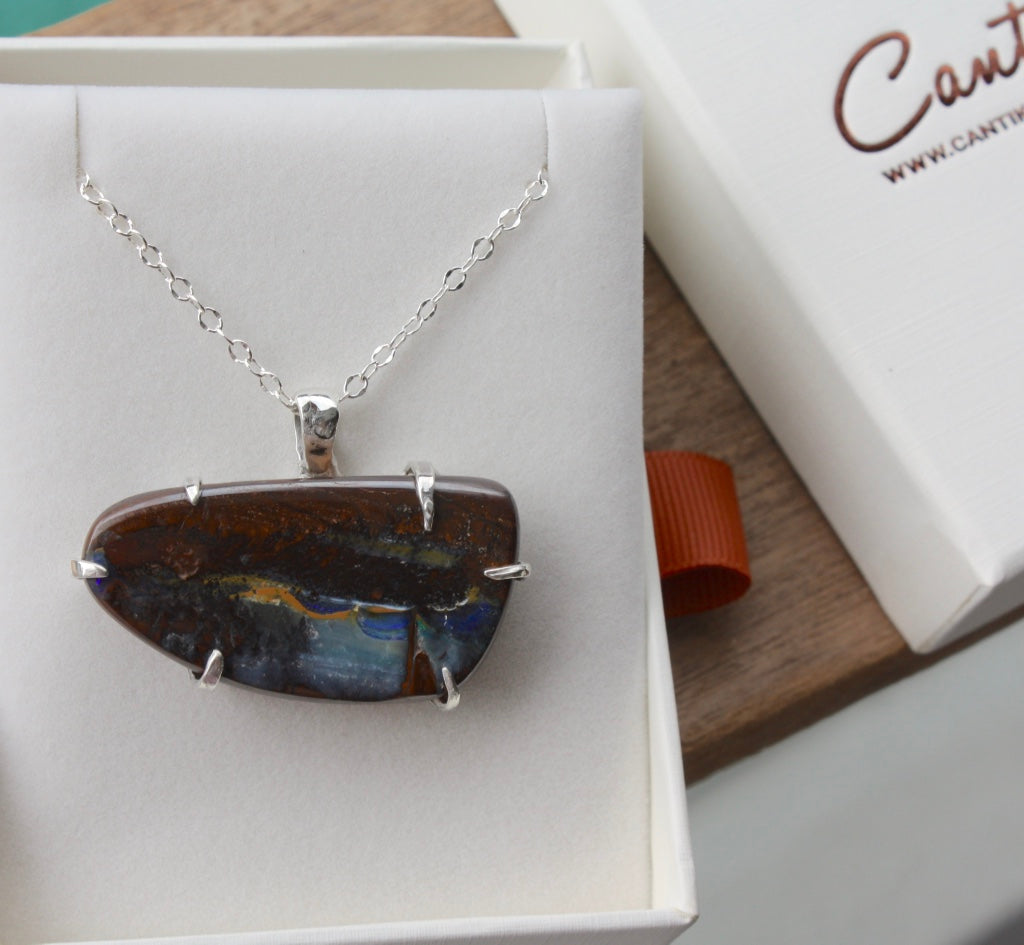 Australian Boulder Opal Pendant Necklace, October Birthstone Necklace