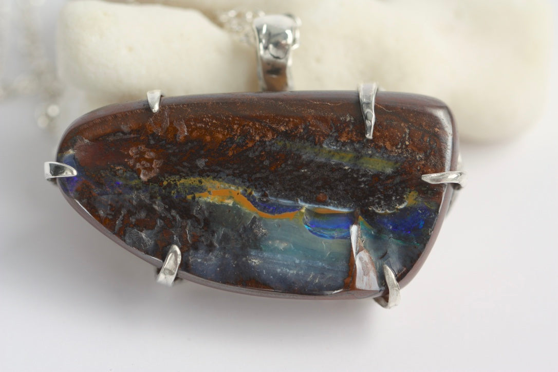 Australian Boulder Opal Pendant Necklace, October Birthstone Necklace