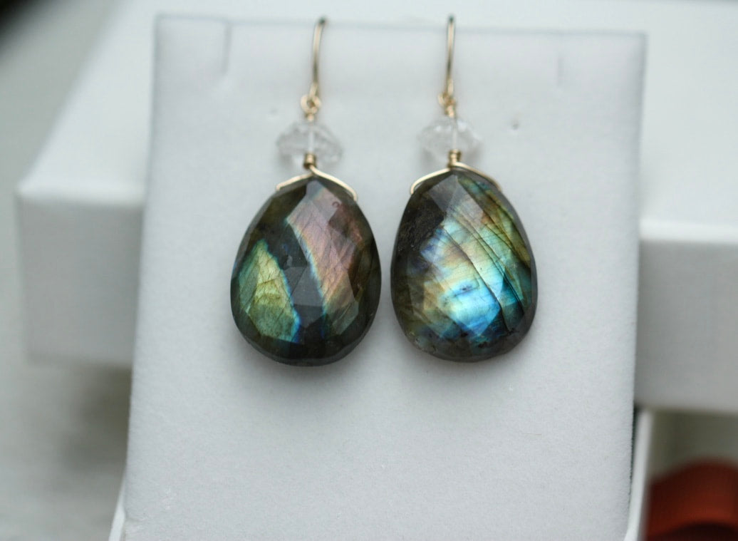 Large Labradorite and Herkimer Diamond Earrings