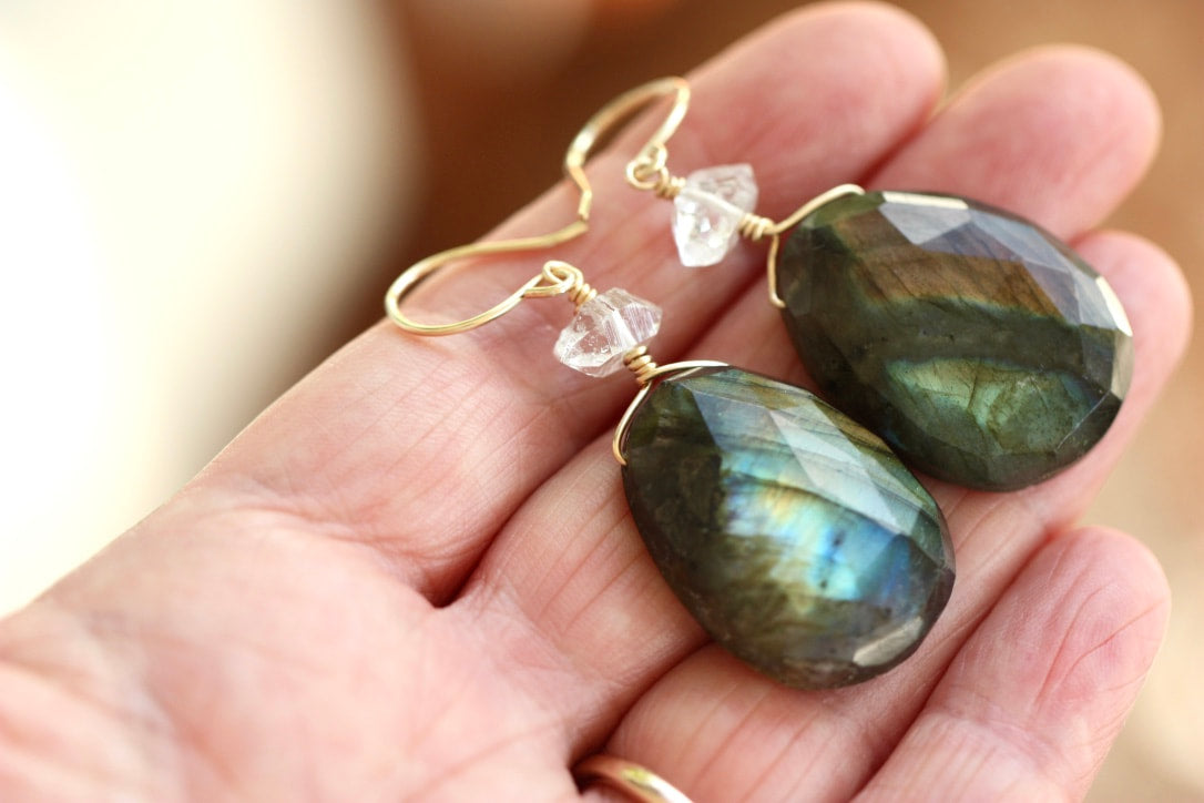 Large Labradorite and Herkimer Diamond Earrings