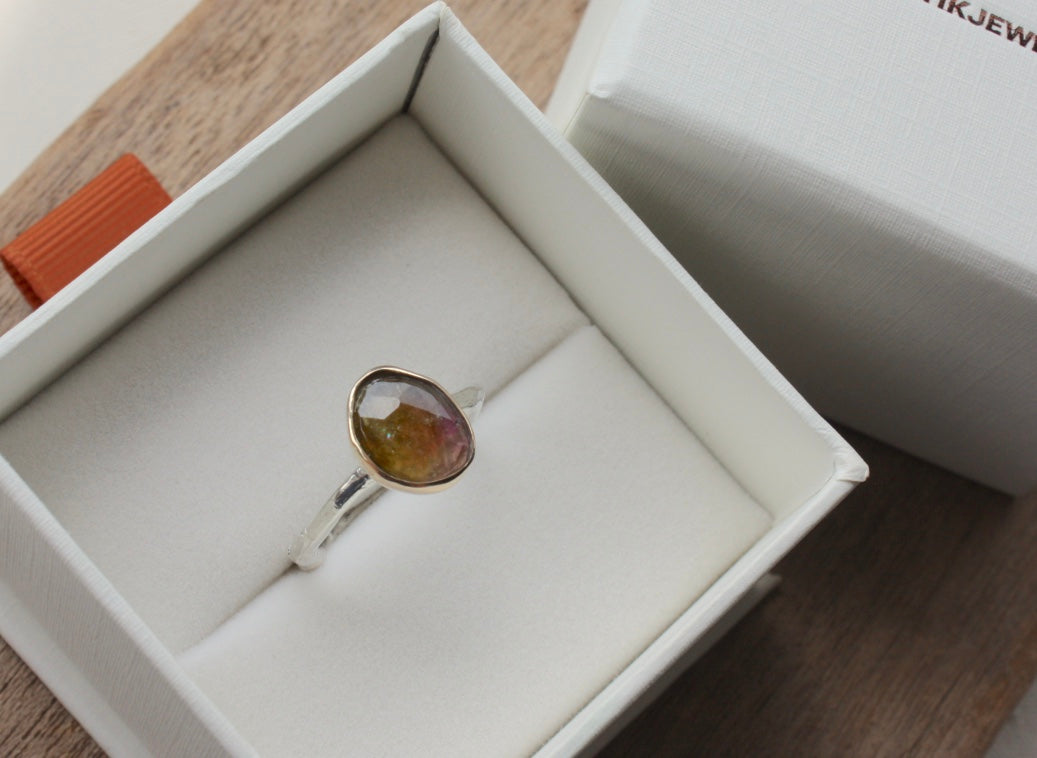 Watermelon Tourmaline Twig Ring, October Birthstone Ring
