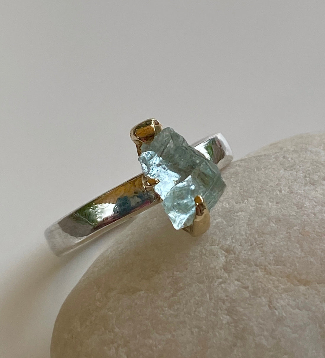 Raw Brazilian Aquamarine Ring, March Birthstone Ring