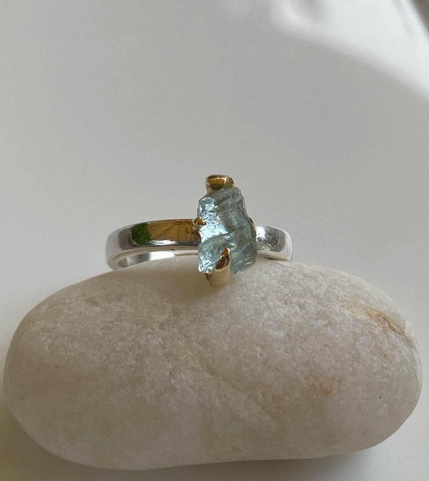 Raw Brazilian Aquamarine Ring, March Birthstone Ring