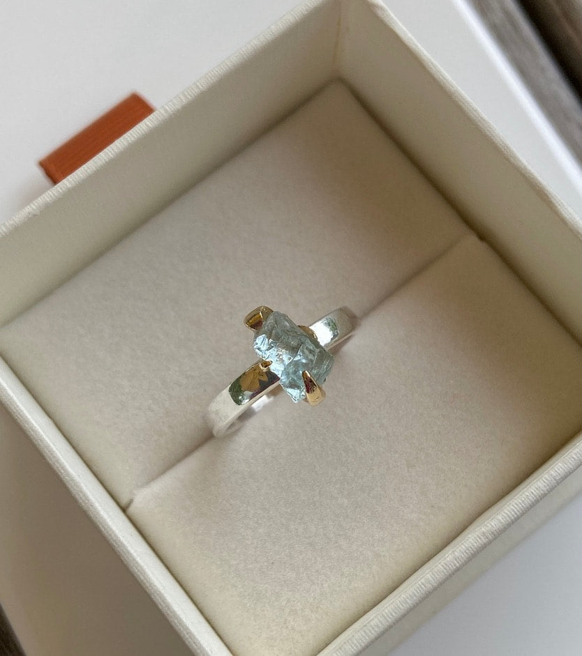 Raw Brazilian Aquamarine Ring, March Birthstone Ring