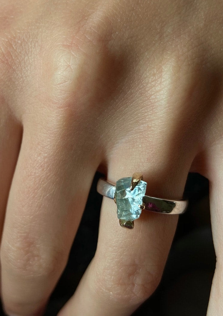 Raw Brazilian Aquamarine Ring, March Birthstone Ring