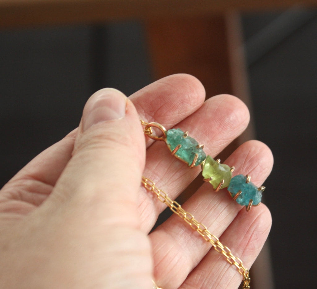 Raw Peridot and Apatite Pendant Necklace, August Birthstone Necklace