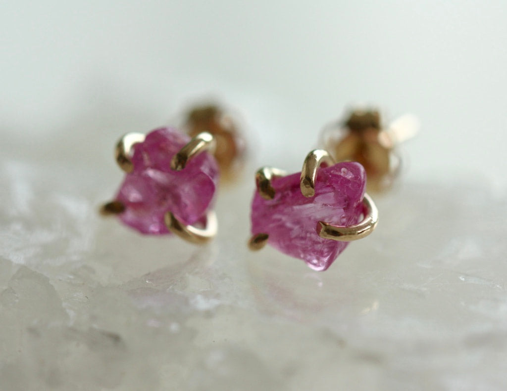 Raw Pink Sapphire 14k Gold Stud Earrings, September Birthstone Earrings
