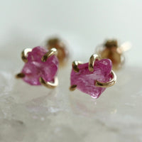 Raw Pink Sapphire 14k Gold Stud Earrings, September Birthstone Earrings