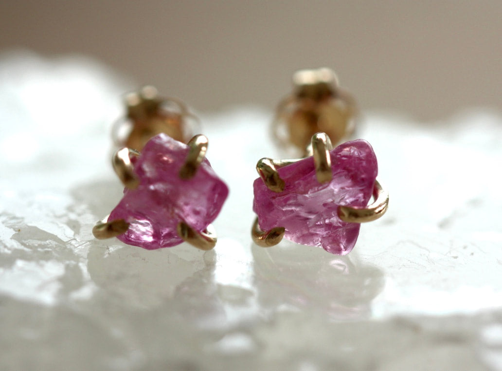Raw Pink Sapphire 14k Gold Stud Earrings, September Birthstone Earrings