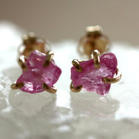 Raw Pink Sapphire 14k Gold Stud Earrings, September Birthstone Earrings