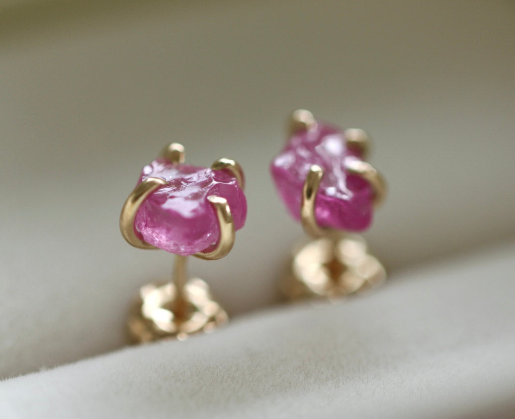 Raw Pink Sapphire 14k Gold Stud Earrings, September Birthstone Earrings