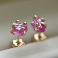 Raw Pink Sapphire 14k Gold Stud Earrings, September Birthstone Earrings
