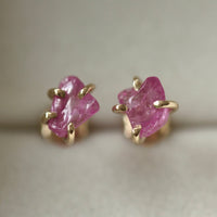 Raw Pink Sapphire 14k Gold Stud Earrings, September Birthstone Earrings