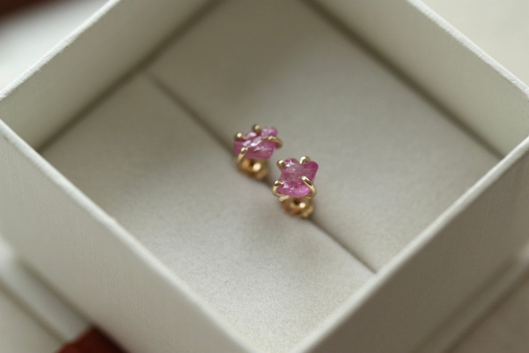 Raw Pink Sapphire 14k Gold Stud Earrings, September Birthstone Earrings