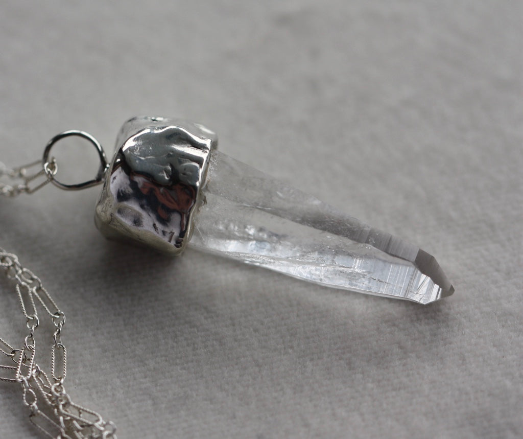 Raw Colombian Rock Crystal And Sterling Silver Pendant, Sterling Silver Chain