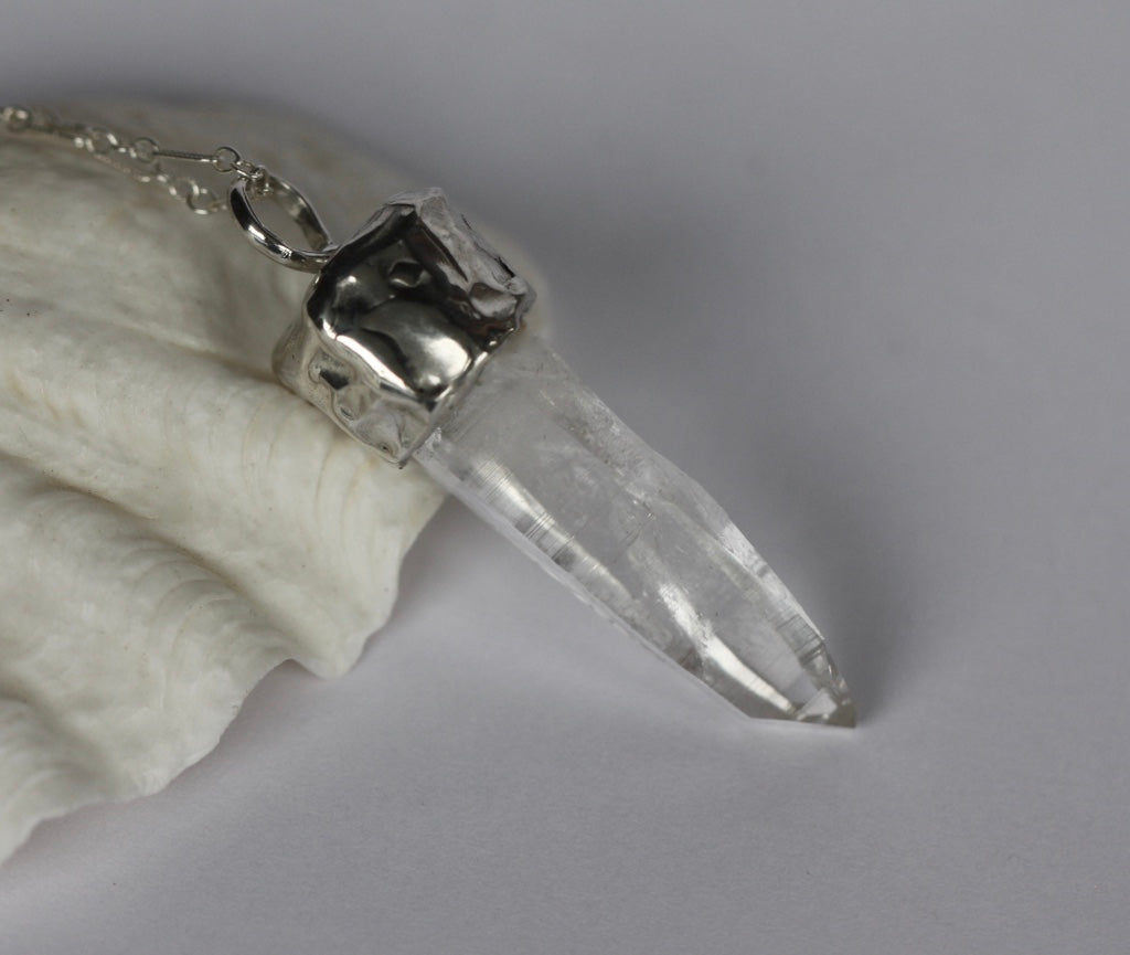 Raw Colombian Rock Crystal And Sterling Silver Pendant, Sterling Silver Chain
